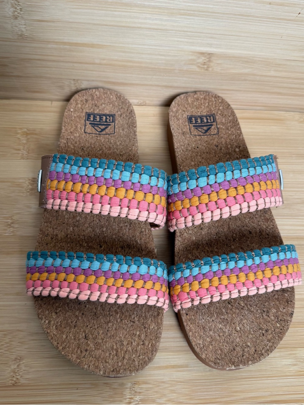 Reef Women’s Cork Slide Sandals Size 9 Colorful Woven Double Strap Comfort - Picture 2 of 9
